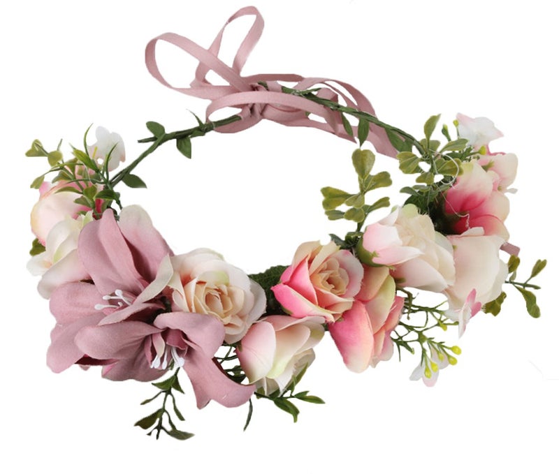 Vivivalue Women Flower Crown Bridal Flower Headband Hair Wreath Floral Headpiece Halo Boho with Ribbon Wedding Party Festival Photos Pink - Image 1